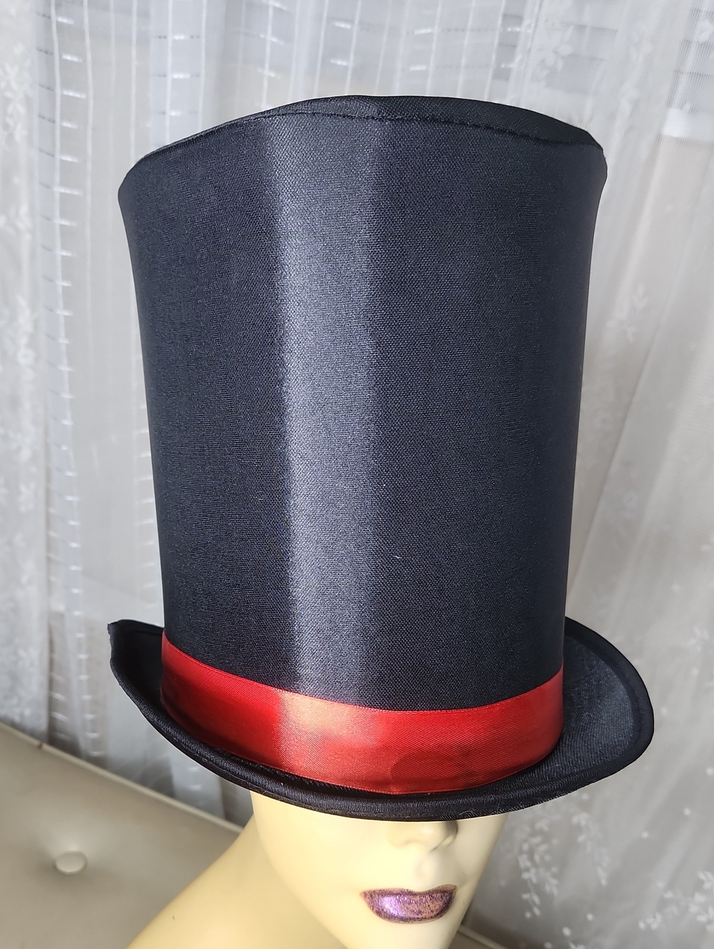 Extra Tall Mad Hatter Top Hat Black With Red Ribbon Unisex - Picture 4 of 9